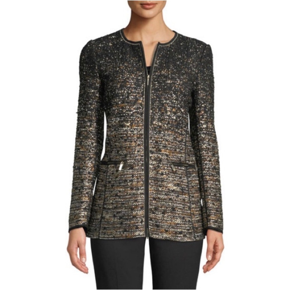 Lafayette 148 Karina Ombré Boucle Tweed Blazer Jacket Front Zip Black Gold Sz XS